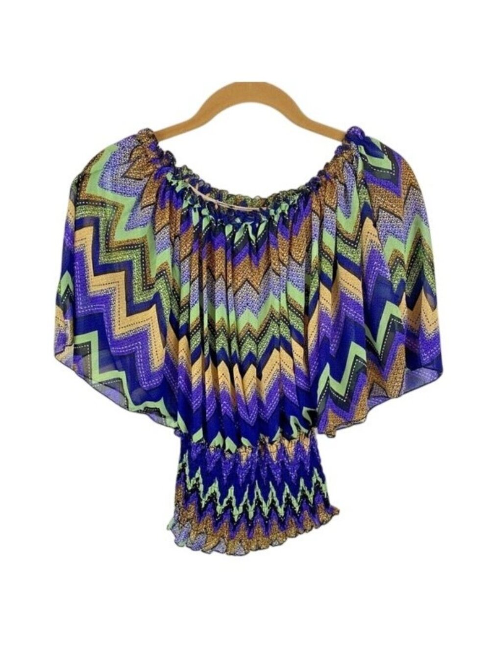 Chevron Print Off-Shoulder Smocked Top Multicolor Lightweight Womens Large